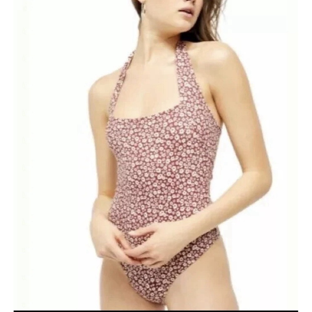Free People Women's Printed Talk Back Bodysuit Color Wine Combo Size M